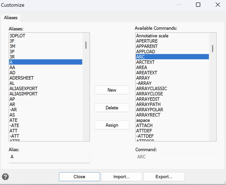 allias commands list in AutoCAD